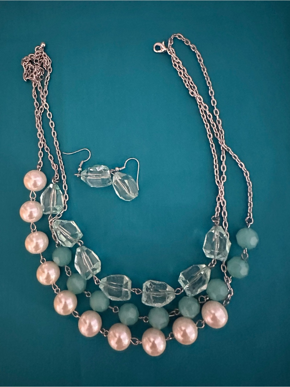 Layered Aqua and Pearl Necklace Set - Women Jewelry